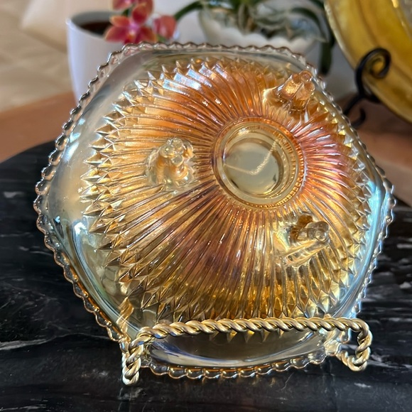 Vintage Jeannette Glass Anniversary Iridescent Footed Marigold Carnival Bowl - Picture 12 of 12